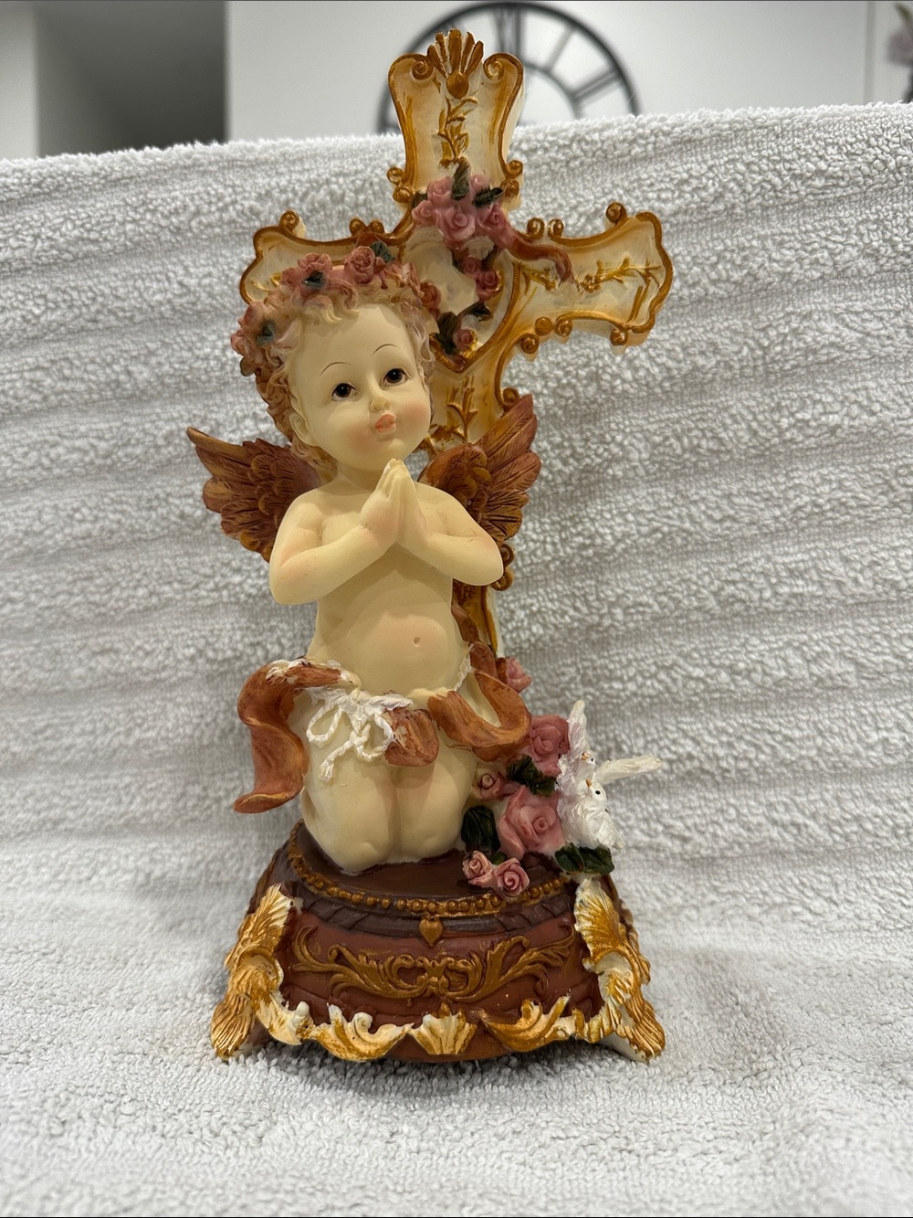 Angel Cherub Figurine with Rose-Adorned Cross - Cream and Brown